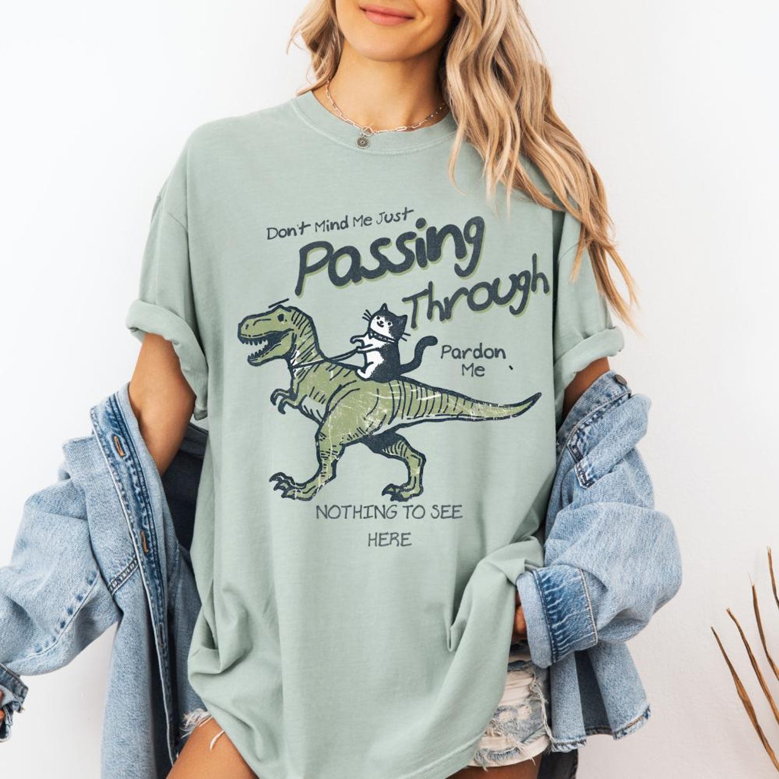 Don t Mind Me Just Passing Through T Shirt, Funny Cat Riding T-rex Shirt, Cute Gift T Shirt for Cat Lovers and T-Rex Lovers alike 3XL