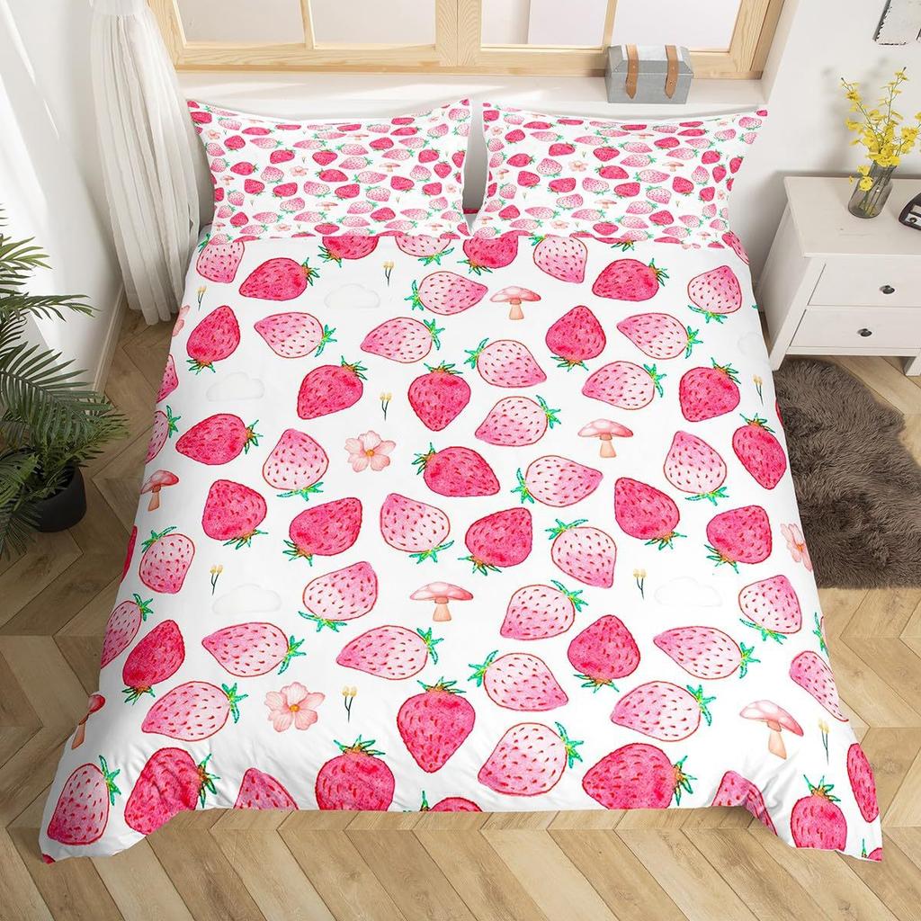 Strawberry Pink Duvet Cover Cute Fruit Print Bedding Three-piece Set Girl Room Decoration