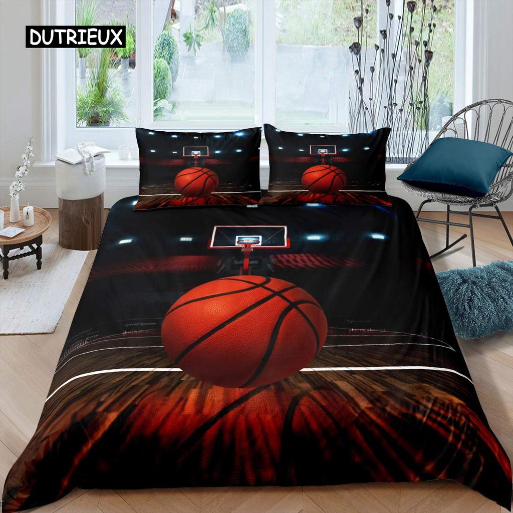 Juego de funda nórdica de baloncesto, juego de cama con temática deportiva de pelota 3D negra, juego de edredón de microfibra para cancha de baloncesto, juegos competitivos, tamaño King