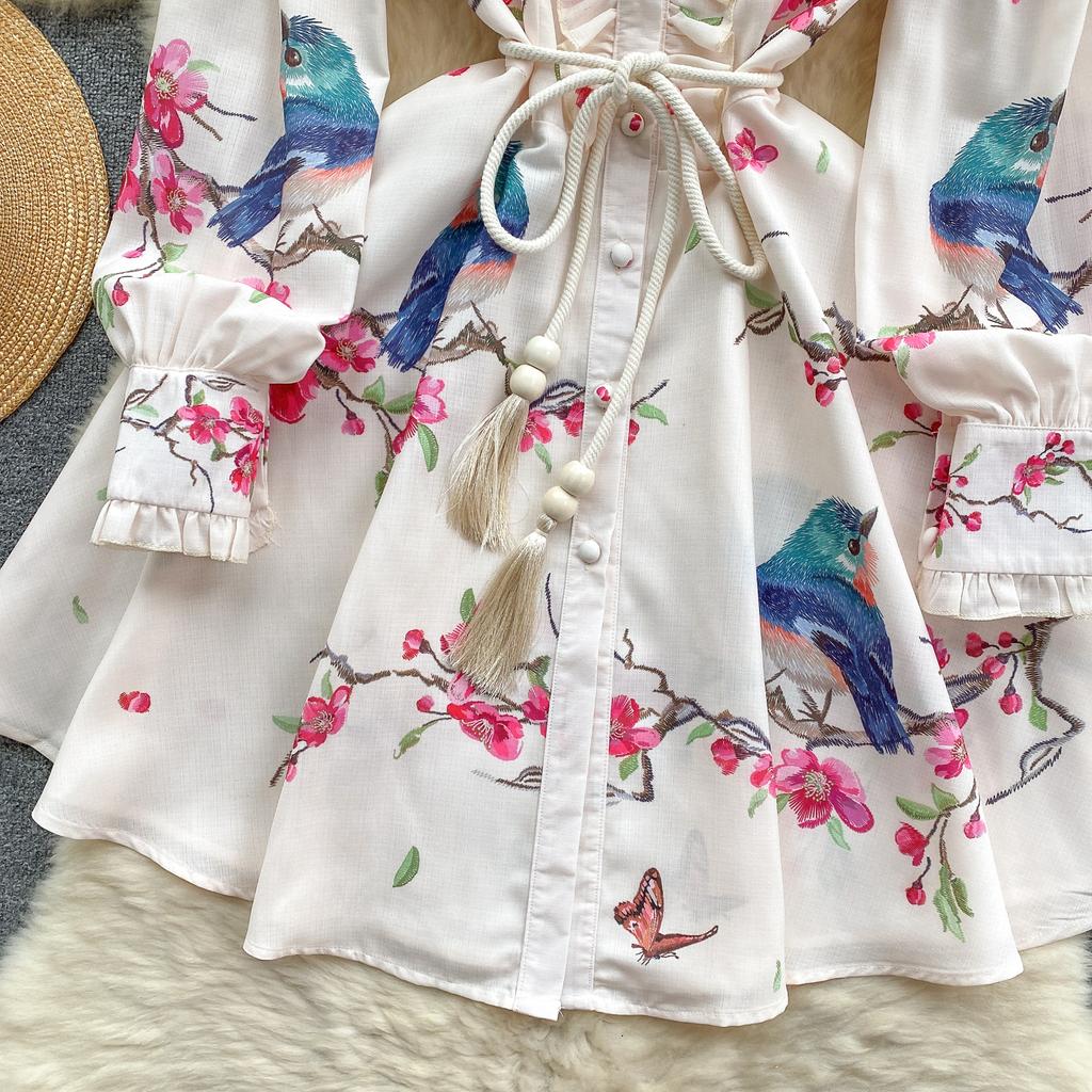 French Chic Retro Vestidos Female Long Sleeve Printed A-line Bodycon Dress Spring Lace-up Pleated Dresses Button Dropshipping