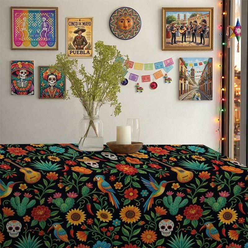 Colorful Mexican Rectangle Table Cloth for Table Decor Holiday Party Waterproof Reusable Tablecloth for Tables Kitchen Dining