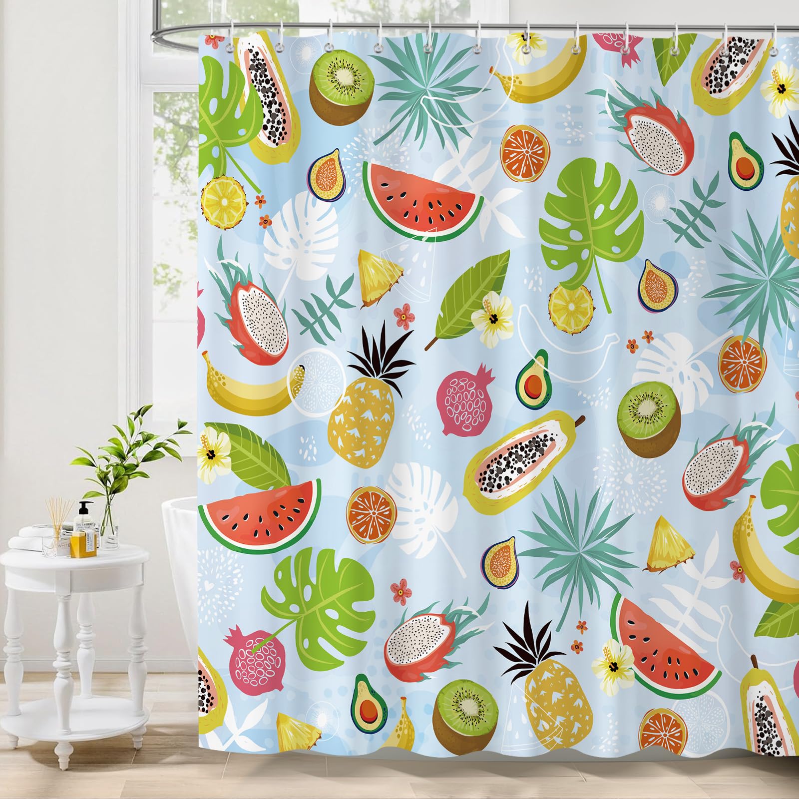 Summer Fruits Shower Curtain,Green Pink Tropical Fruits Watermelon Pineapple Shower Curtain Summer Tropical Bathroom Curta (as the picture,W90xH180cm-35x70in)