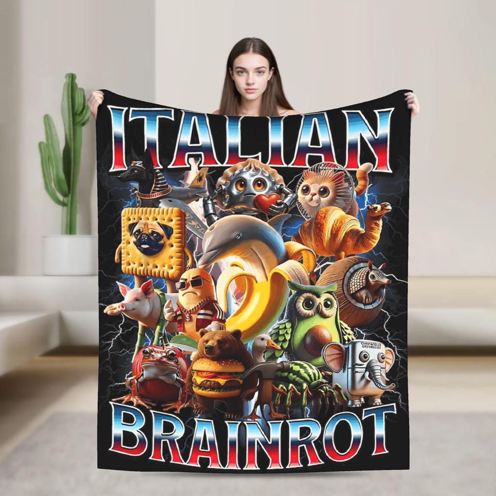 Lustige italienische Brainrot-Decke Weich Warm Streetwear Trend Plüsch Bettwäsche Überwürfe Für Heimdekoration Picknick Flanell Tagesdecke Bettbezug