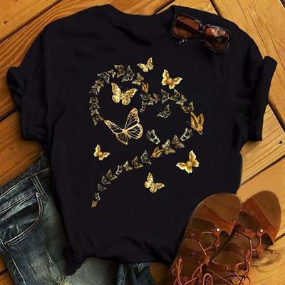 T-Shirt mit Aquarell-Schmetterlings-Herz-Print, neues schwarzes T-Shirt für Frauen, Harajuku, süßes Grafik-T-Shirt, Damen, lässiges weibliches Top