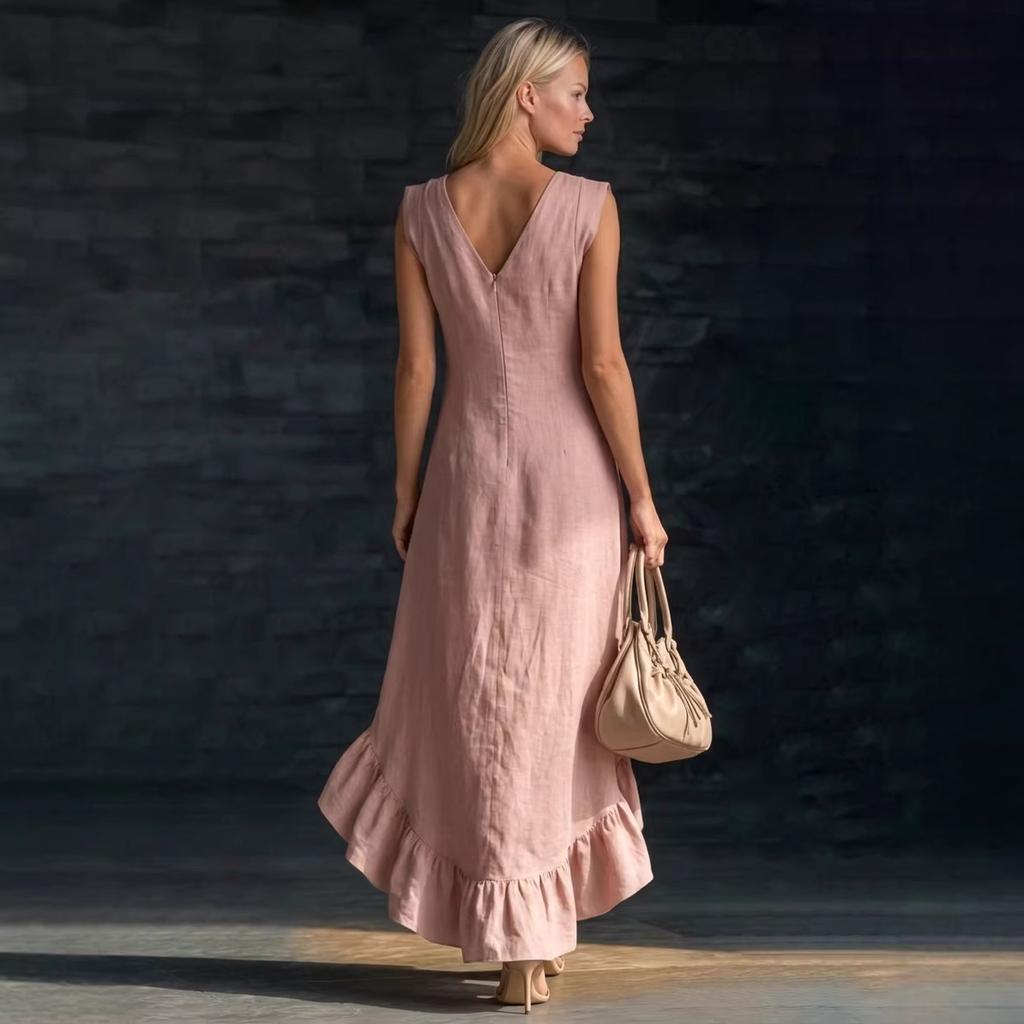 Women Beige Sleeveless V Neck Dress with Asymmetric Ruffle Hem Casual Summer Midi Dress