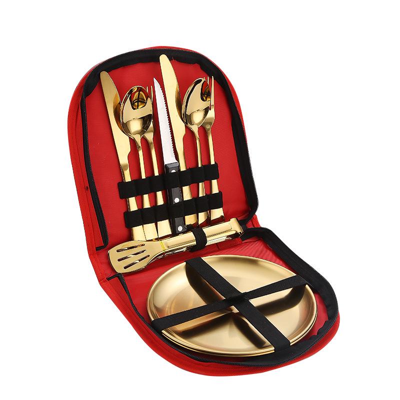 Set de tacâmuri de exterior din oțel inoxidabil cu cuțit, furculiță, lingură și pungă de pânză