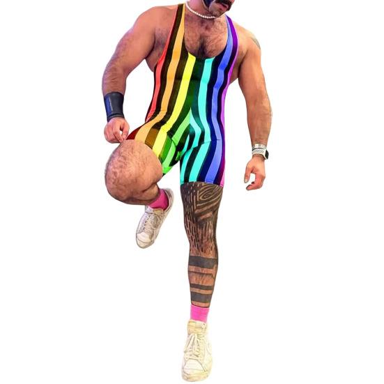 Pánské fitness body bez rukávů s hlubokým výstřihem do U, pruhovaný overal, sportovní podpůrné prádlo do posilovny, boxerky