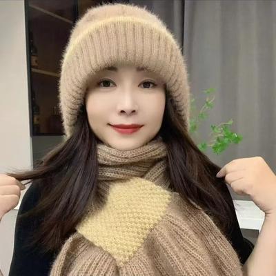 Herbst Winter Zweifarbiges Fleecegefüttertes Verdicktes Hut Schal Integriert Ohren Gesichtsschutz Winddicht Gestrickt Winddicht Schneehut