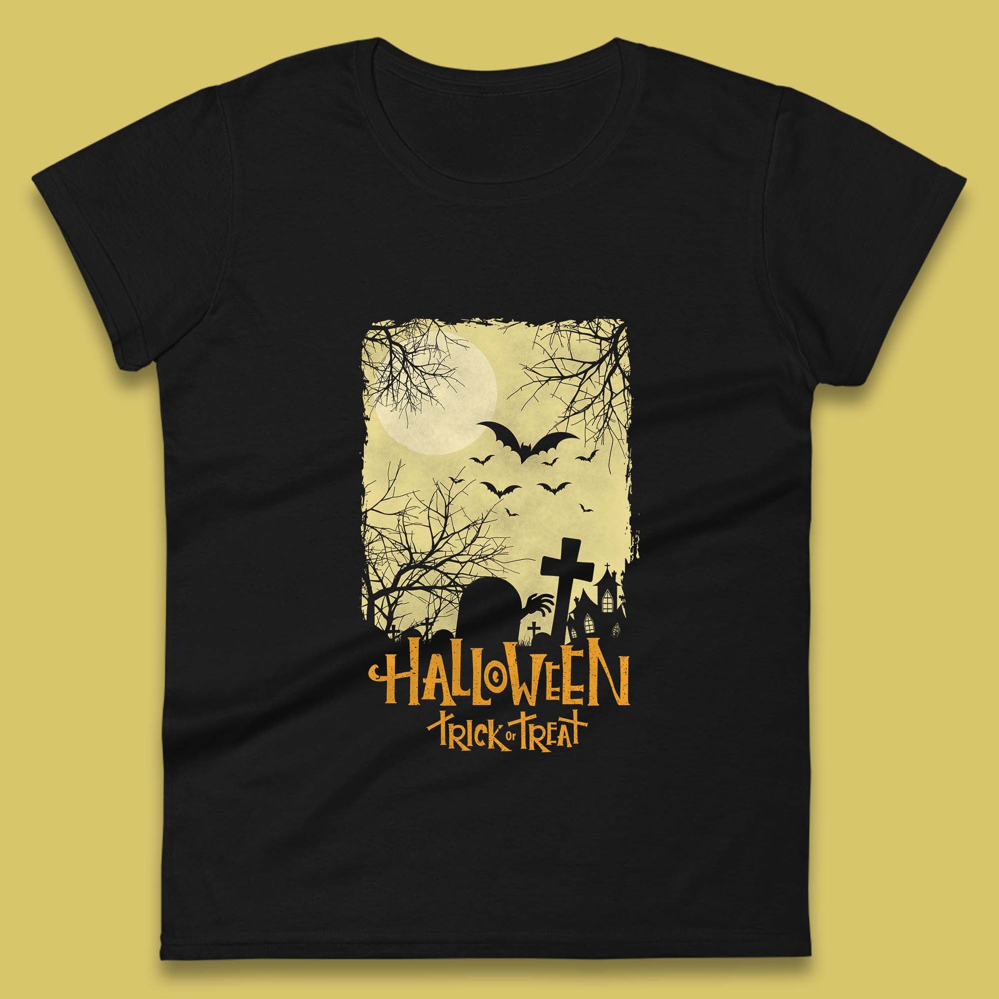 

Halloween Trick Or Treat Horror Scary Graveyards Flying Bats Full Moon Womens Tee T Shirt Mens Tops Unisex Top M