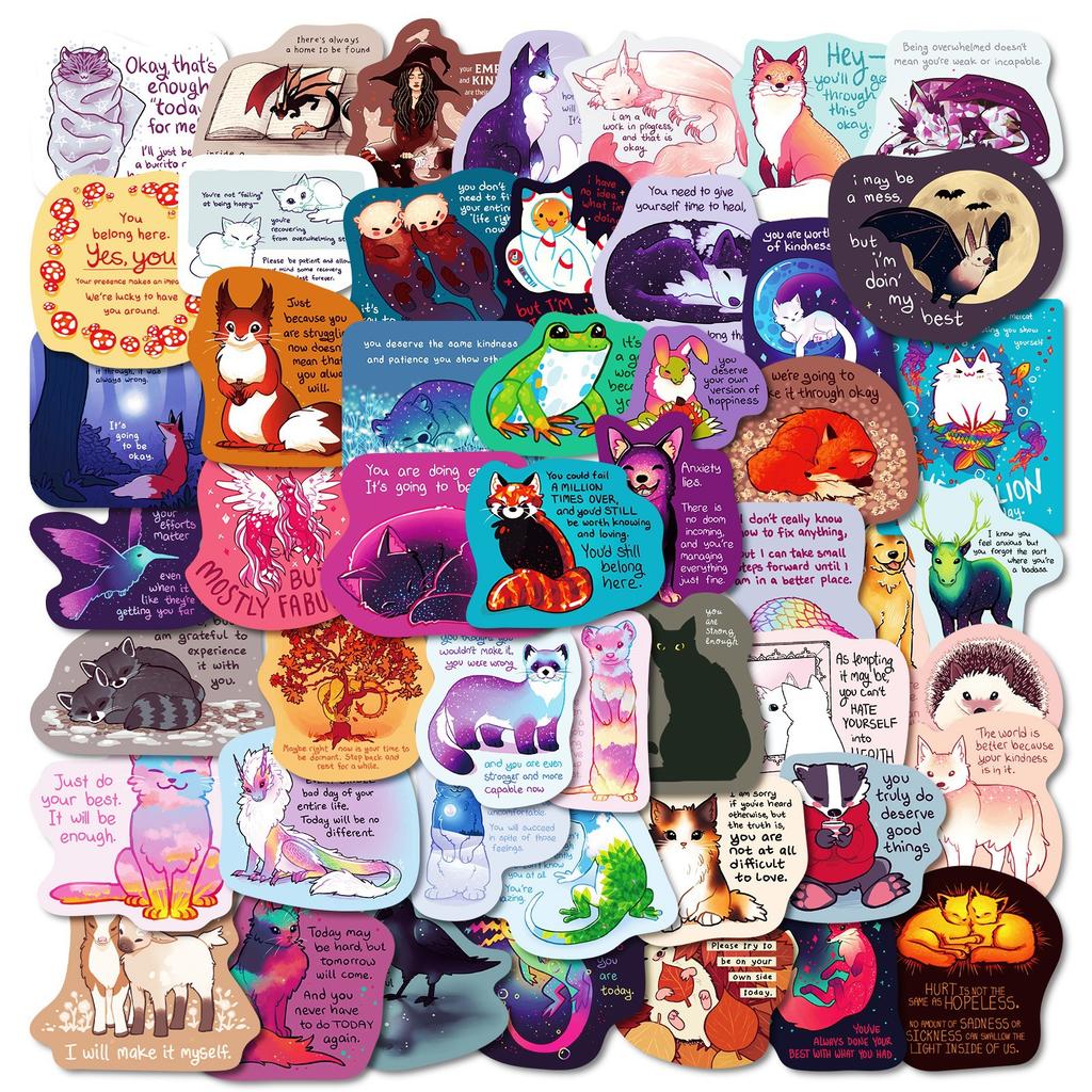 50 Cartoon Healing Text Stickers Cute Animals Colorful Daily Stickers Hand Note Diary Decoration Stickers