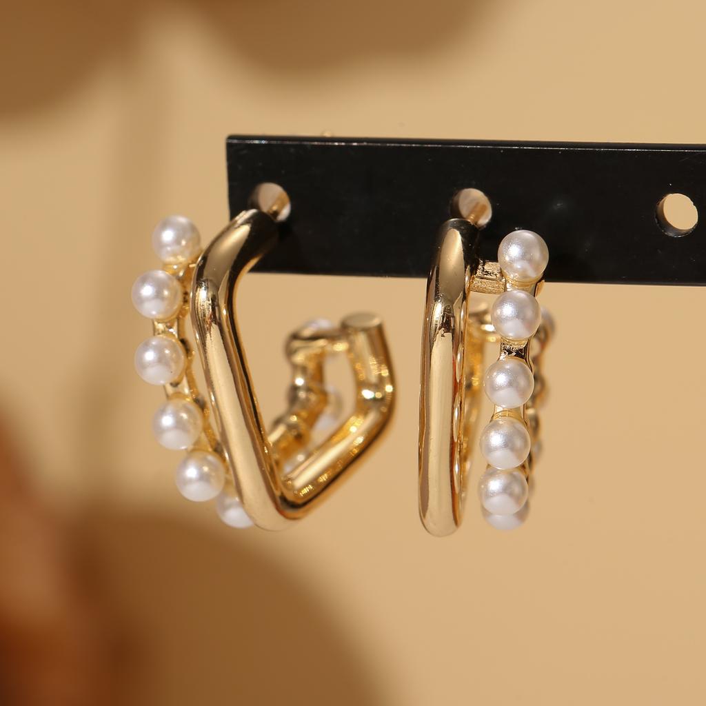 Golden Pearl Square Hoop Earrings for Women Elegant Stainless Steel Jewelry Gift