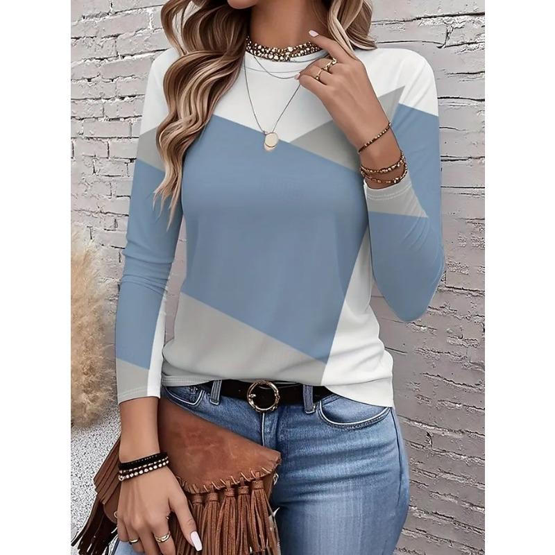 T-shirt da donna a maniche lunghe con scollo rotondo, tunica a maniche lunghe, top regular casual moderno con stampa geometrica