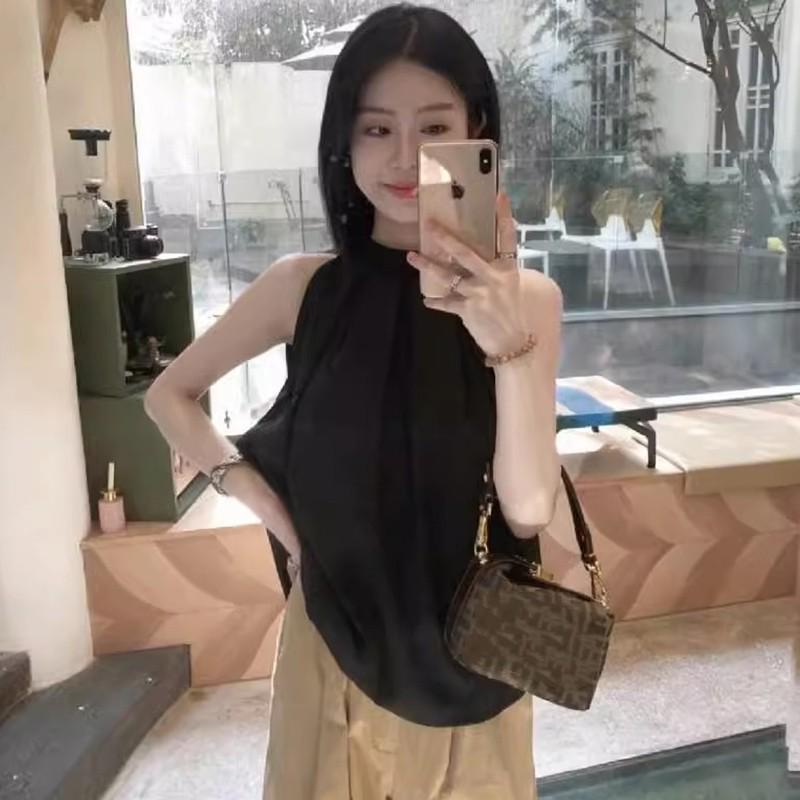 Chic French Blue Pleated Sleeveless Halter Top for Women - Trendy Summer Design