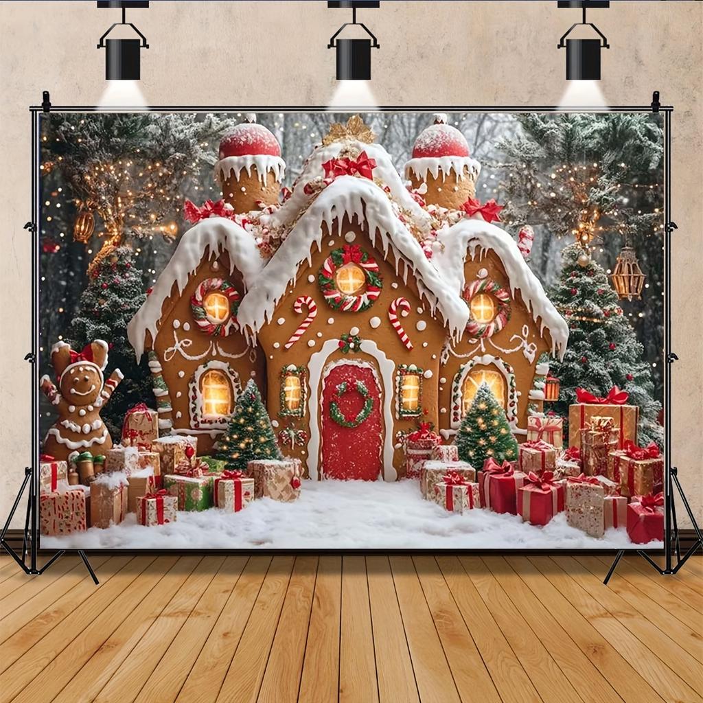 Christmas Party Snow White Gingerbread House Photography Background - With Flash, Christmas Tree Lantern