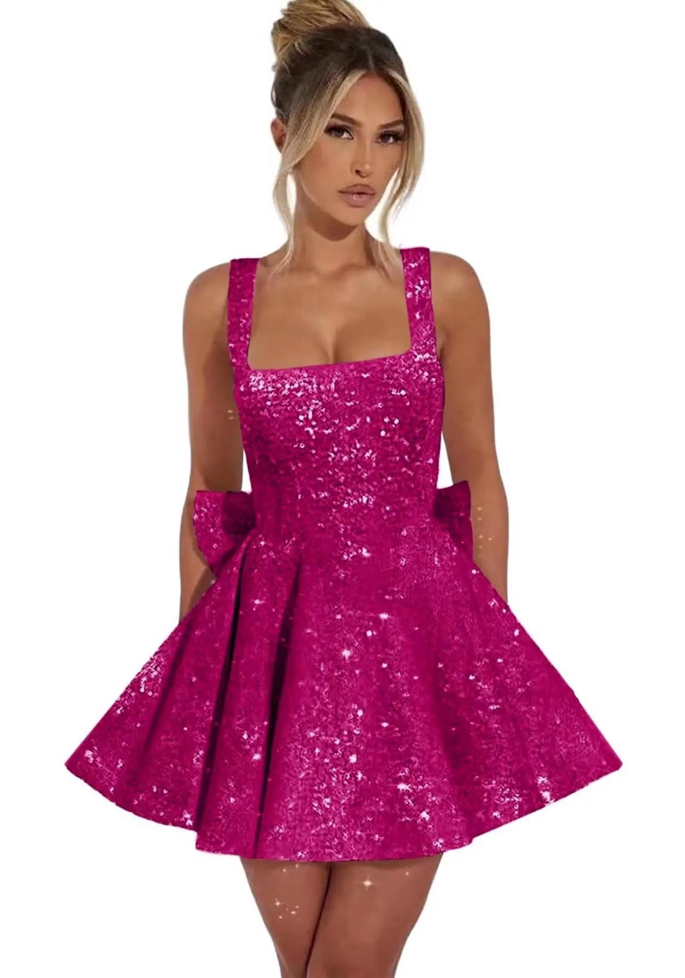 Europäisches Pailletten-Minikleid mit Spaghettiträgern und Schleife – Elegantes Light Luxury Kleid für Geburtstagsbankette X-Large