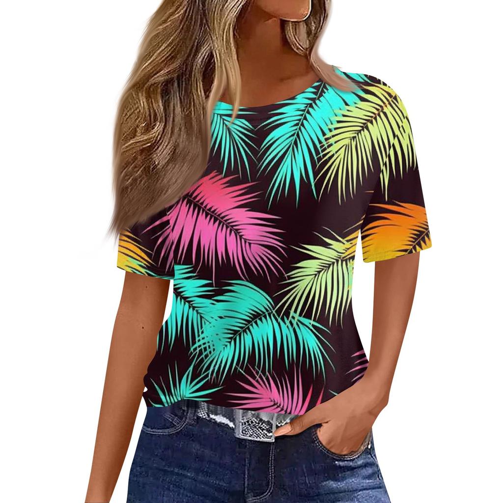 Women's Fashionable Casual Short Sleeve Print Round Neck Pullover Top