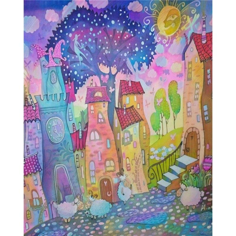 Malowanie diamentowe Różowy kwiat Pełne okrągłe diamentowe haftowanie Kolorowy dom Krajobraz Haft krzyżykowy Dekoracja domu