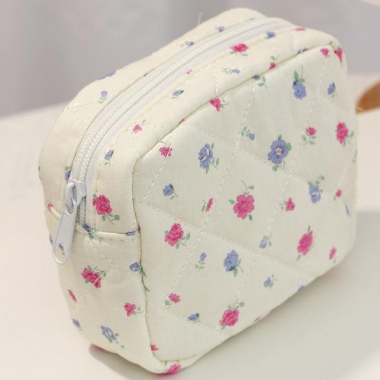 Cute Small Makeup Pouch Bow/Floral Quilted Cosmetic Organizer for Travel Daily Puffy Cotton Toiletry Pencil Purse with Zipper for Women Girls