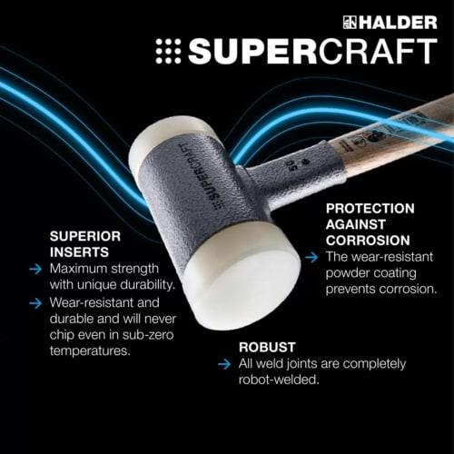 HALDER Shockless Recoilless Supercraft Hammer, Steel Handle, Nylon (White), Diameter 50mm, 3377.050