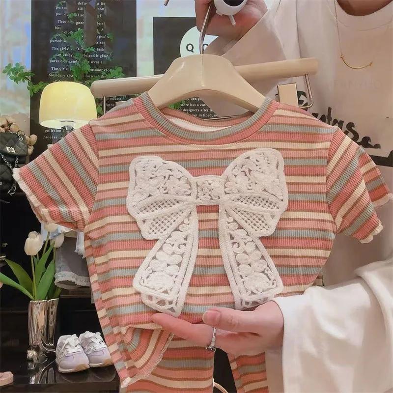 2Pcs Kids Clothing Sweet Colorful Strip Short Sleeve Two-Piece Set Baby Children Girls Casual Cotton Outfits Cardigan+Long Pant