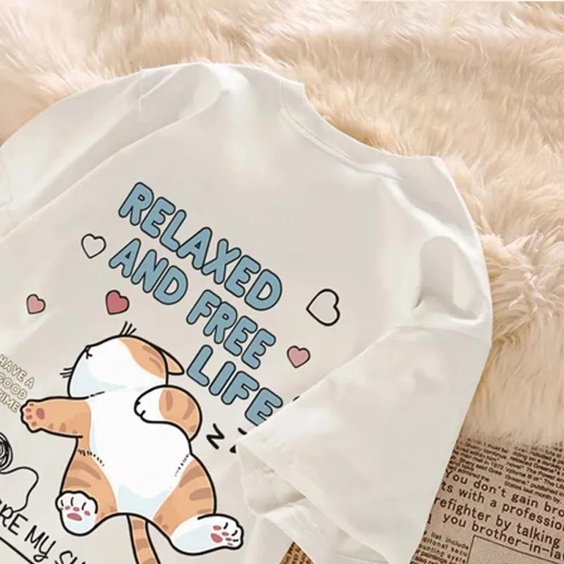 

Cute Cartoon Lazy Cat Letter Print Summer Couple Short Sleeved T-shirt Loose Casual Women s Top Women Clothes S