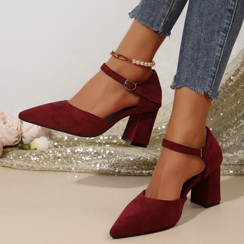 Ladies Shoes Ankle Buckle Strap Women's High Heel Elegant Dress Pumps Women Pointed Toe Solid Chunky Heels Shallow Sandals