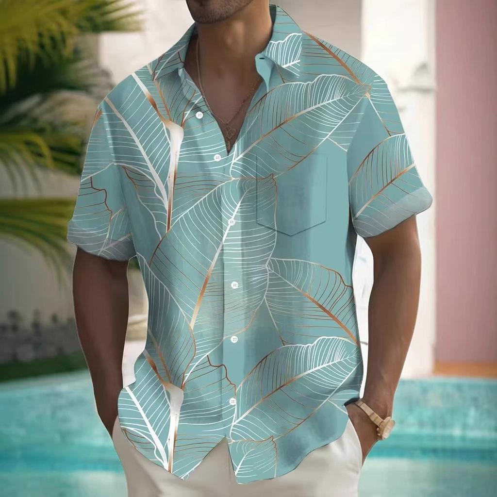 Tropical Leaf Print Short Sleeve Shirt, Casual Summer Beach Essential