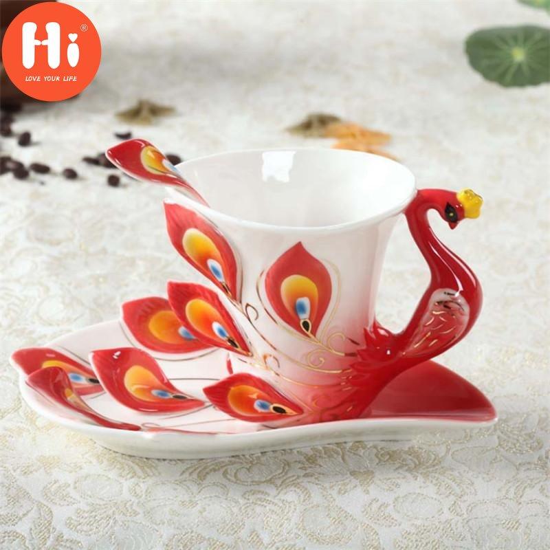 200ML Bone Cna 3D Color Enamel Animal Coffee Cup with Saucer and Spoon Ceramic Afternoon Teacups Drinwkare