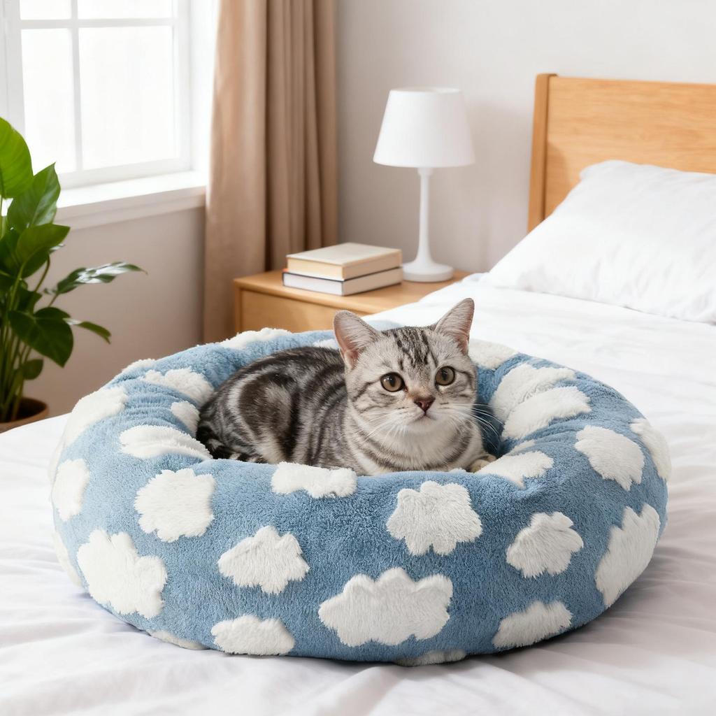 Winter Warm Cat Sleeping Cushion Soft Plush Round Cat Bed Puppy Kitten Plush Nest Pet Supplies for Indoor Home Bedroom
