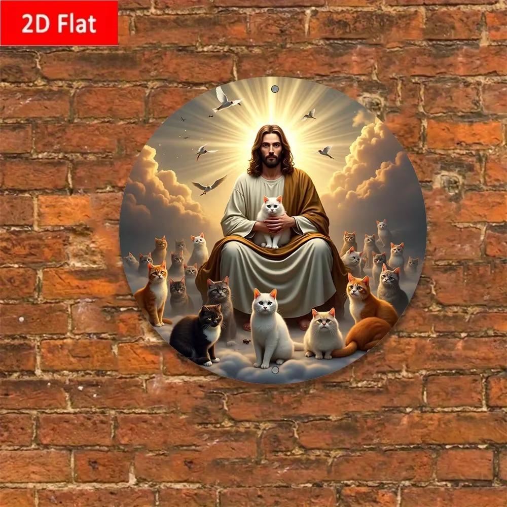 Vintage Jesus and Cats Metal Wall Art Religious Home Decor Gift for Pet Lovers 40x30cm