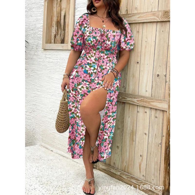 New large size women's clothing large size temperament thin split flower dress summer