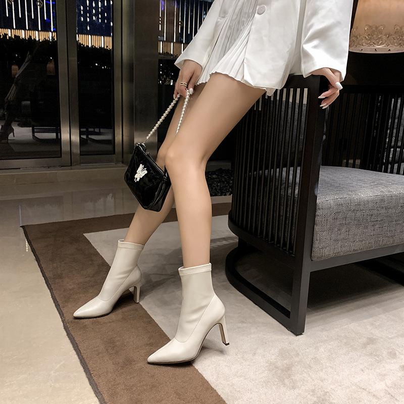 Short Boots Women's Spring and Autumn Single Boots Pointed Skinny Coarse Heel White High Heels Winter High Heel Boots French Boots