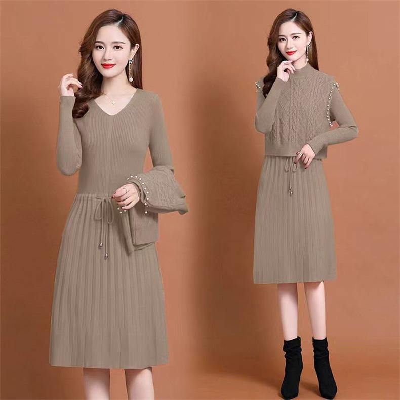 Two-piece Knitted Vest Dress for Women Long-sleeved Solid-color Sweater Dress Casual Mid-length Sweater for Autumn and Winter
