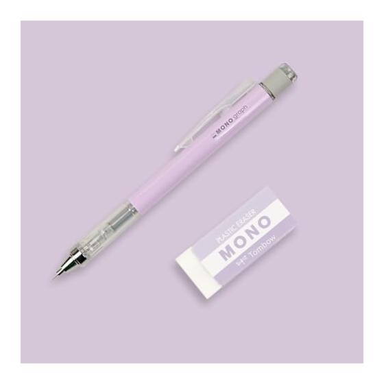 Tombow MONO Graph & MONO Eraser Mechanical Pencil, 0.5mm, Lavender, 4mm Tip, Innovative Shake Mechanism, Stable Brass Tip, Refillable with Eraser