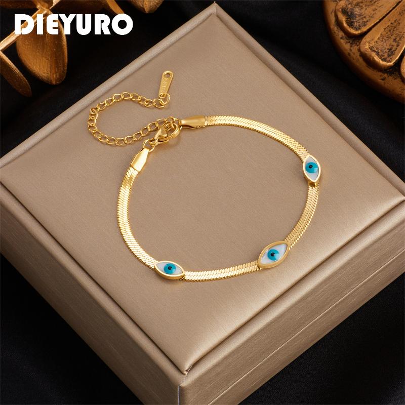 DIEYURO 316L Stainless Steel Blue Eye Charm Bracelet for Women Rustproof Gold Girls Wrist Jewelry Party Wedding Gifts