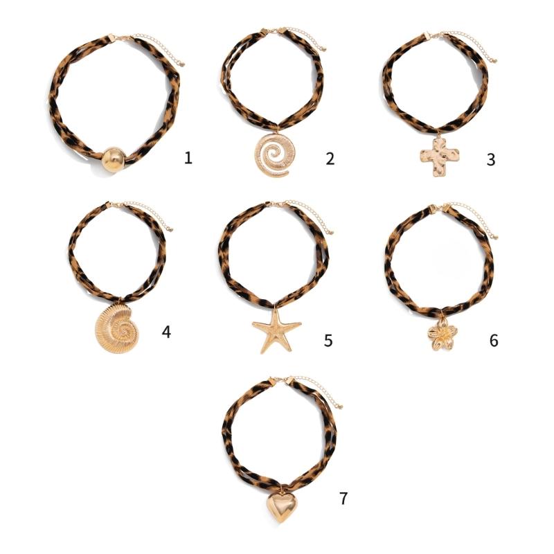 Adjustable Sea Star and Conch Pattern Cotton Cloth Necklace With Alloy Charm for Casual Outfits or Travel Accessories