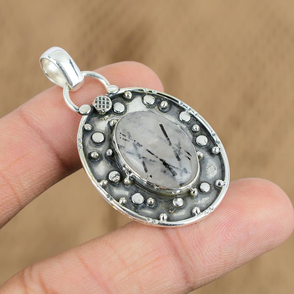 Easter Deal Oval Black Rutile Stone 925 Sterling Silver Engagement Boho Pendant