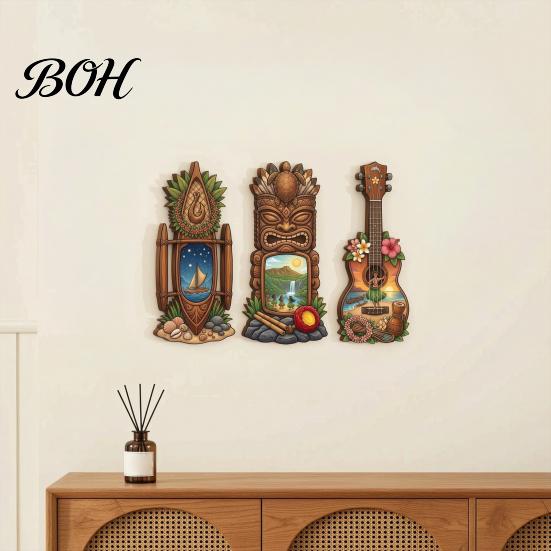 Three-piece Pendant Set 3Pcs Hawaiian Tiki Wooden Wall Hanging Sign, Tropical Surf Coastal Art, Art Exquisite Plaque for Home Bar Patio Decor