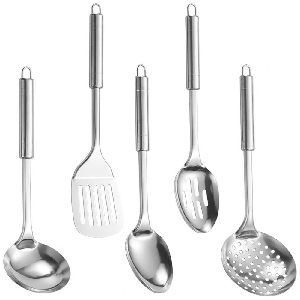 5Pcs Stainless Steel Kitchen Utensils Set Heat Resistant Non-Stick Spoons Spatula Hanging Hole Ergonomic Handle Cooking Tool