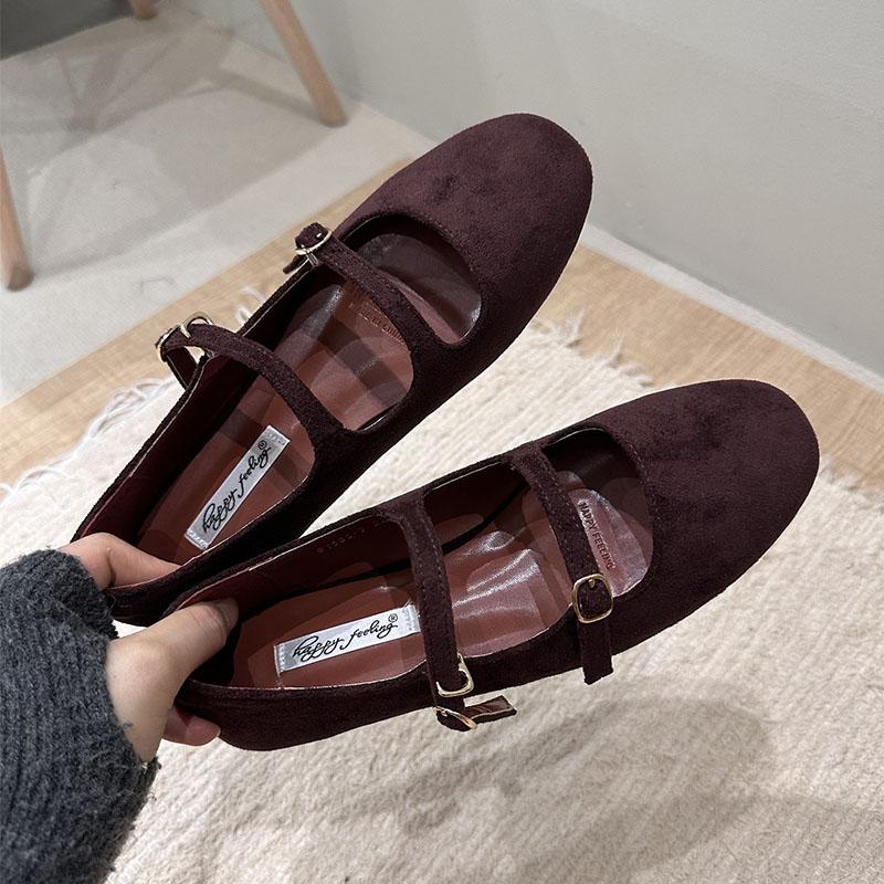 Mode 2025 Neue Schnalle Mode Flock Damen Mary Janes Ballerinas Schuhe Runde Zehenpartie Damen Weiches Schuhwerk Flache Damen Ballerinas Schuhe