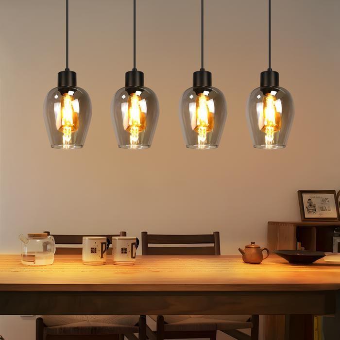 Lustre - NETTLIFE - Lustre à quatre têtes E27 - Noir - Abat-jour verre fumé - Style scandinave moderne