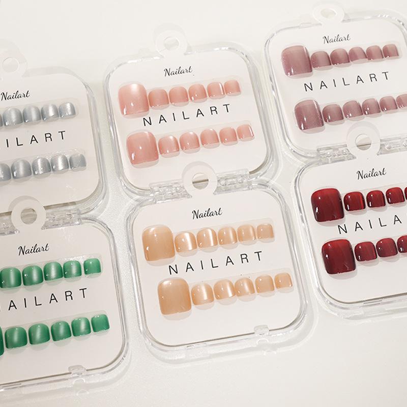 10 Pcs/Box French Fake Nails Glossy Cat-Eye Nail Art Design Short Square Press On Nail Full Cover False Toe Nail Extension
