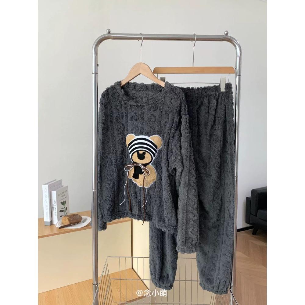 **Kadın Flanel Pijama Takımı Yuvarlak Yaka Jakarlı Uzun Peluş Kalın Sıcak Ev Giyimi**