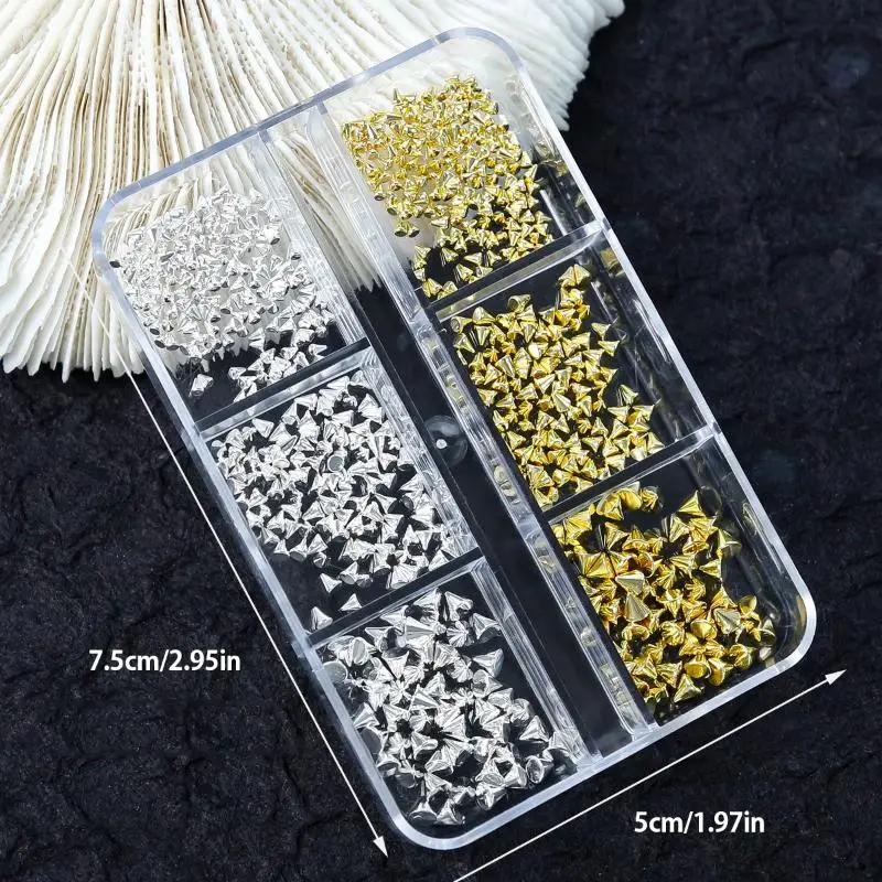 6 Grids Punk Nail Rivets Silver Gold Black Mixed Size Metal Bead Studs Round Cone Nail Art Charms Nail Parts DIY Decoration