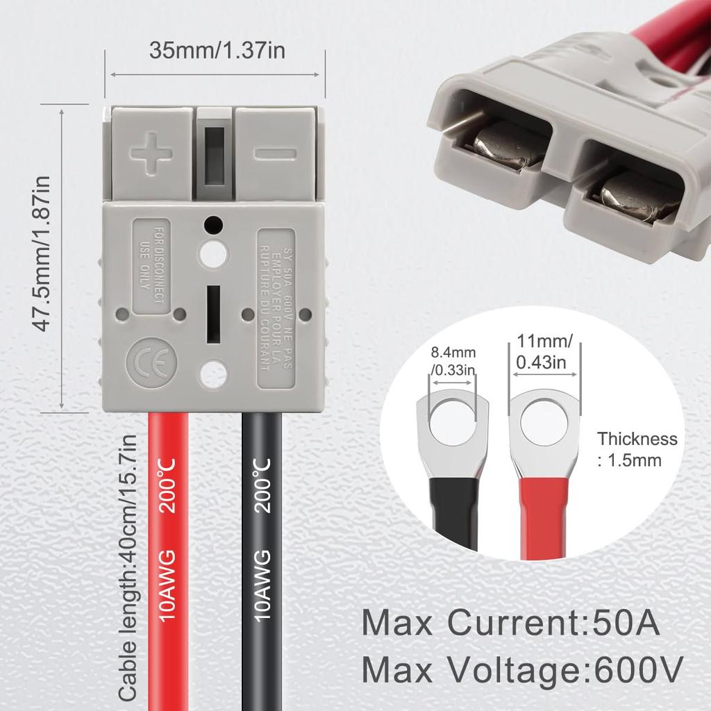 DAOKAI Quick Connector 50A, 6-12 Gauge 10AWG Cable Connector 40cm Wire Harness