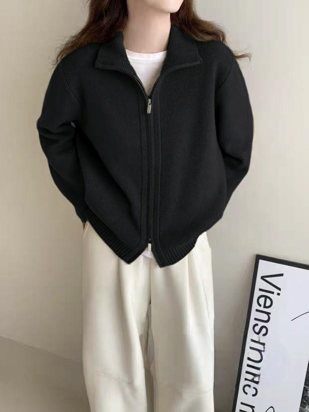 Women's Long Sleeve Sweater Stand Collar Lazy Style Knit Cardigan Zip Up Casual Outerwear