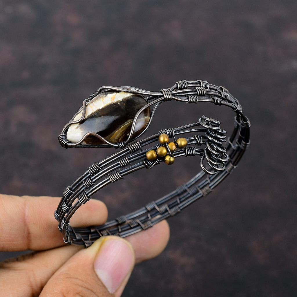 Peanut Wood Jasper Bangle Copper Wire Wrapped Adjustable Cuff Bracelet Unique Copper Wire Wrap Jewelry Handmade Gemstone Bangle Wedding Gift