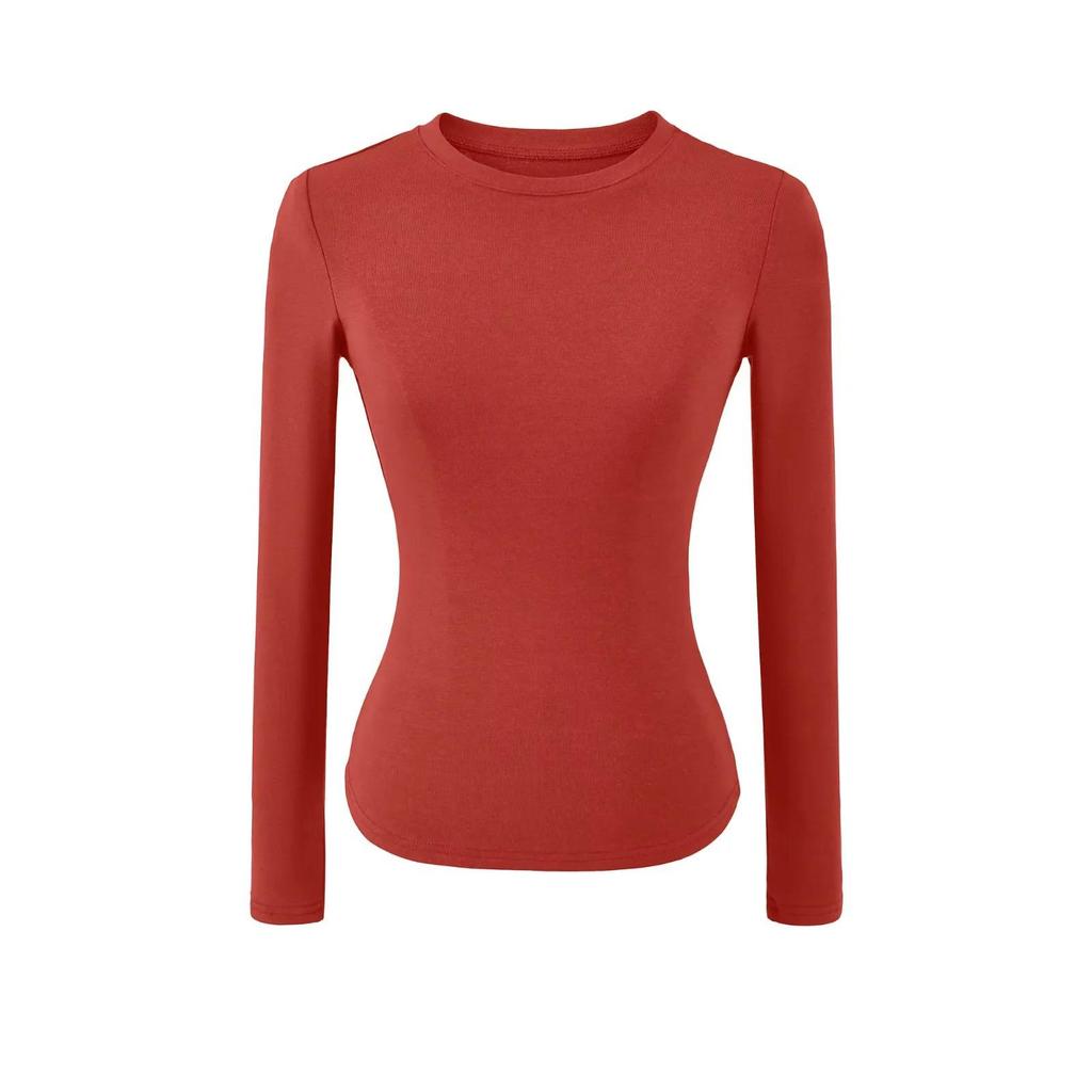 Women's Spicy Girl Round Neck Long Sleeve Yoga Tee - Slim Fit, Solid Color, Elastic Base Layer