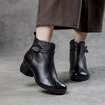 Botas curtas retrô de cor sólida, couro legítimo, outono inverno 2023, bico redondo, zíper lateral, salto alto, sapatos femininos casuais