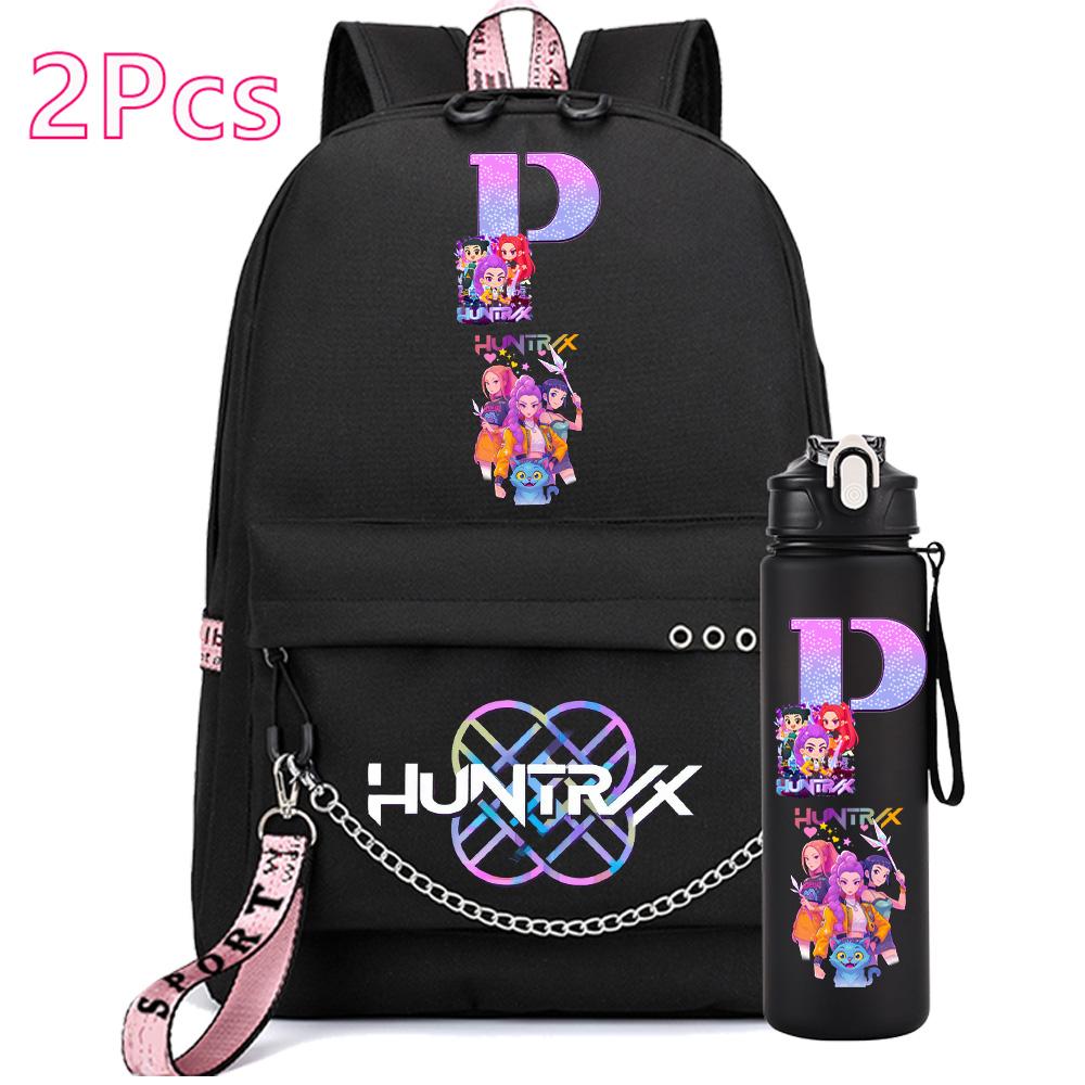 2 st/set Anime Engelsk Bokstav A-Z Tryckt Ryggsäck 750ml Vattenflaska för Student Flicka Pojke Bokväska Resväska Barnpresent